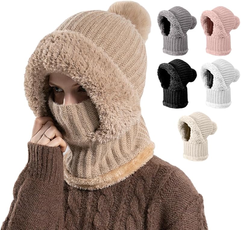 🌟🌟Three-in-One Cold-Proof Knitted Hat，New Women's Autumn and Winter Windproof Scarf Balaclava Hat（Khaki）