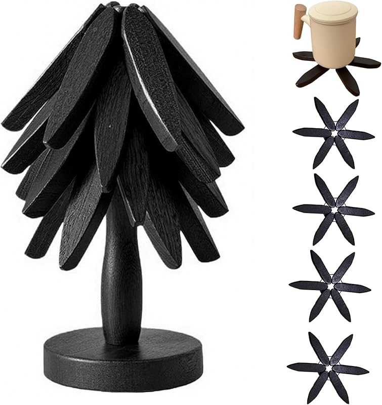 🌟 🌟 Natural Foldable Black Walnut Wooden Trivet Set - 4 Trivets + 1 Stand for Hot Dishes, Pot, Bowl, Teapot, Hot Pot Holders(Black Walnut)🌟 🌟