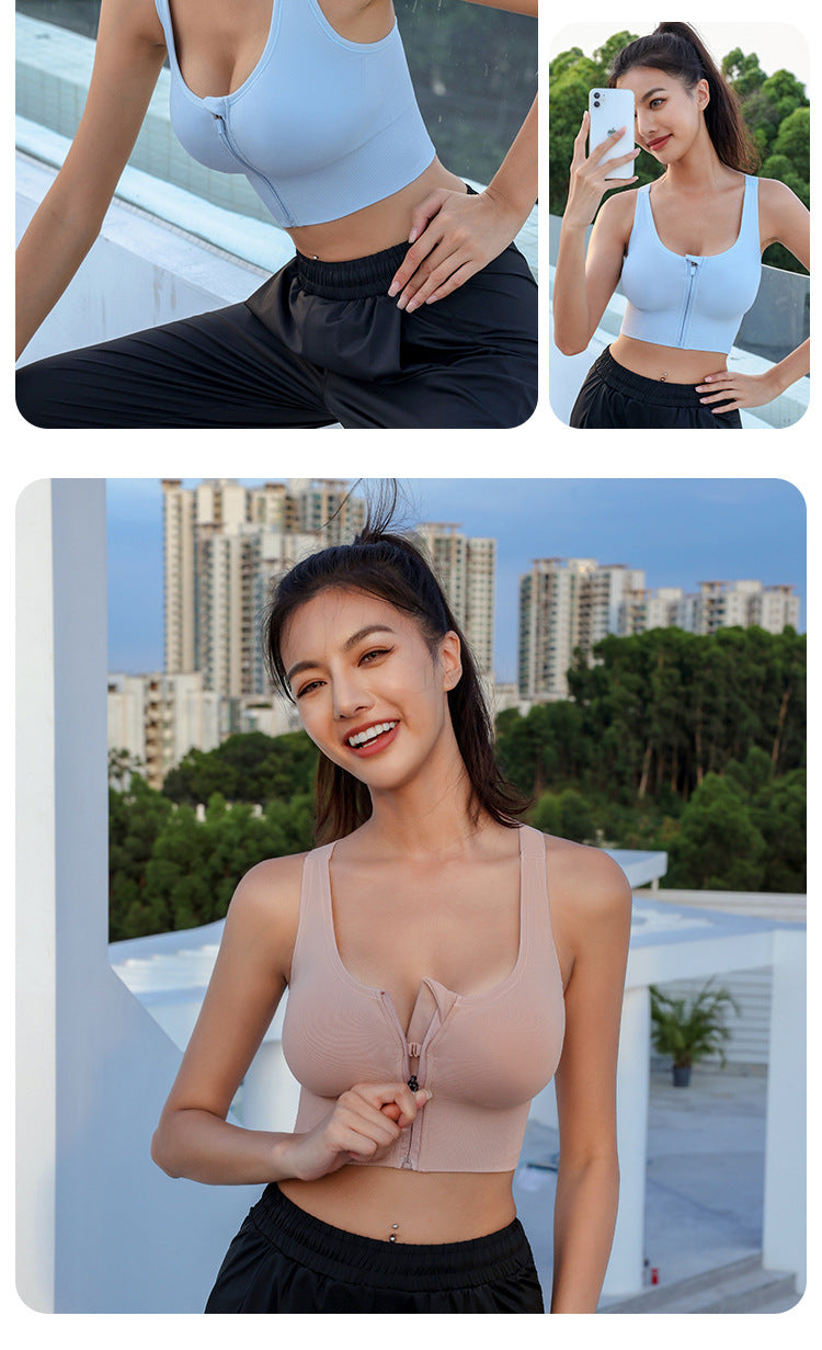 🎁🌈High-Strength Shockproof Front Zipper Sports Bra for Women, Push-Up Anti-Sagging Fitness Plus Size Seamless Backless Bra for Outerwear