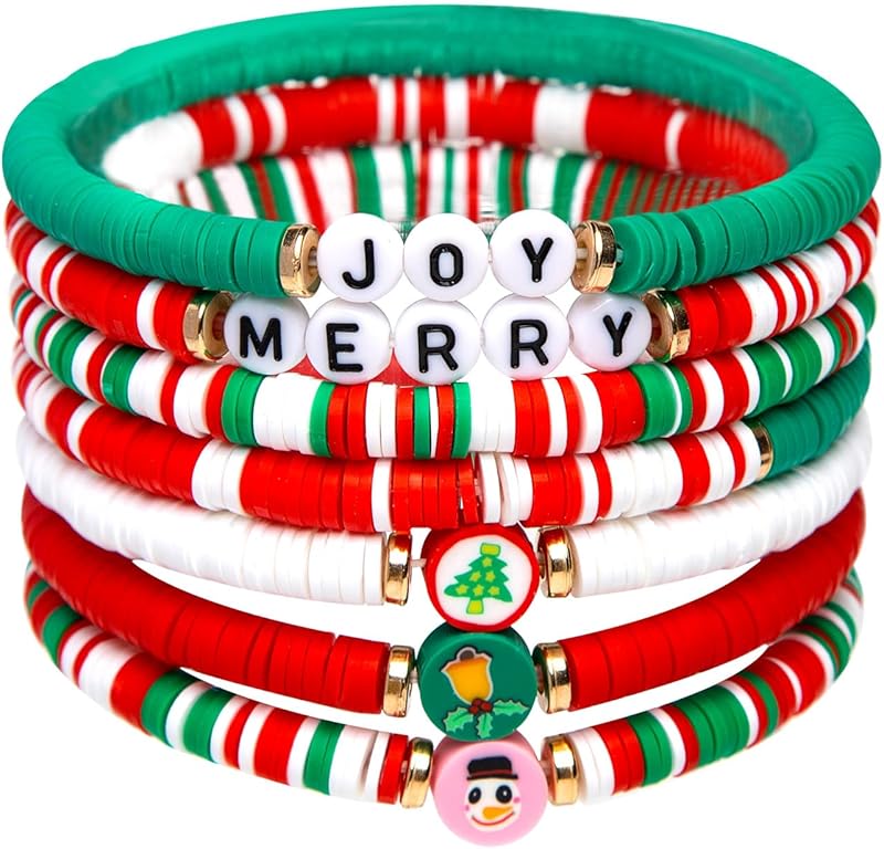 6 Pack Christmas Bracelets: Joy & Merry Candy-Style Stacks for Women & Teens - Perfect Christmas Gifts - Age 3 to Adult