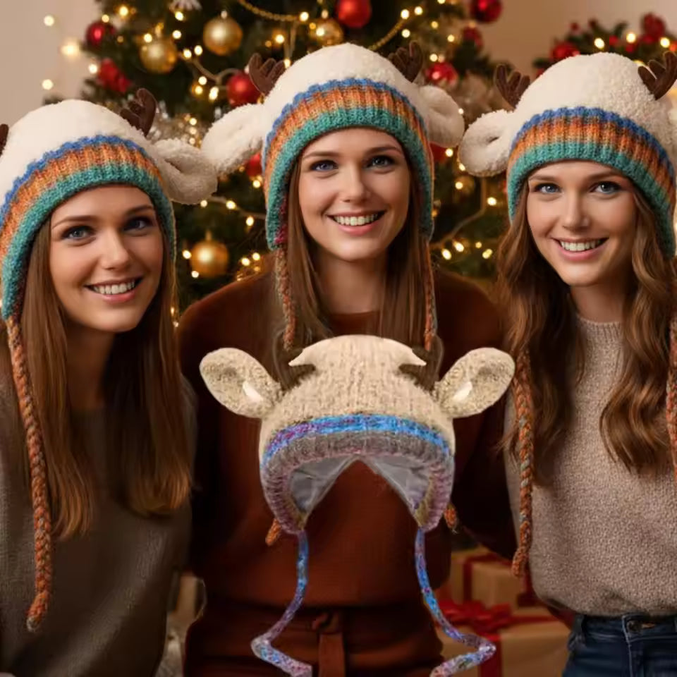 🎅🎄❄️Cute Christmas Reindeer Antlers Plush Hat for Women, Autumn and Winter Warmth, Can Be Used as a Bag, Ear Protection Knitted Wool Hat,  Adorable🎅🎄❄️