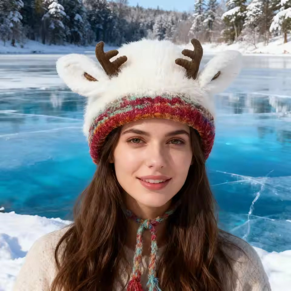 🎅🎄❄️Cute Christmas Reindeer Antlers Plush Hat for Women, Autumn and Winter Warmth, Can Be Used as a Bag, Ear Protection Knitted Wool Hat,  Adorable🎅🎄❄️