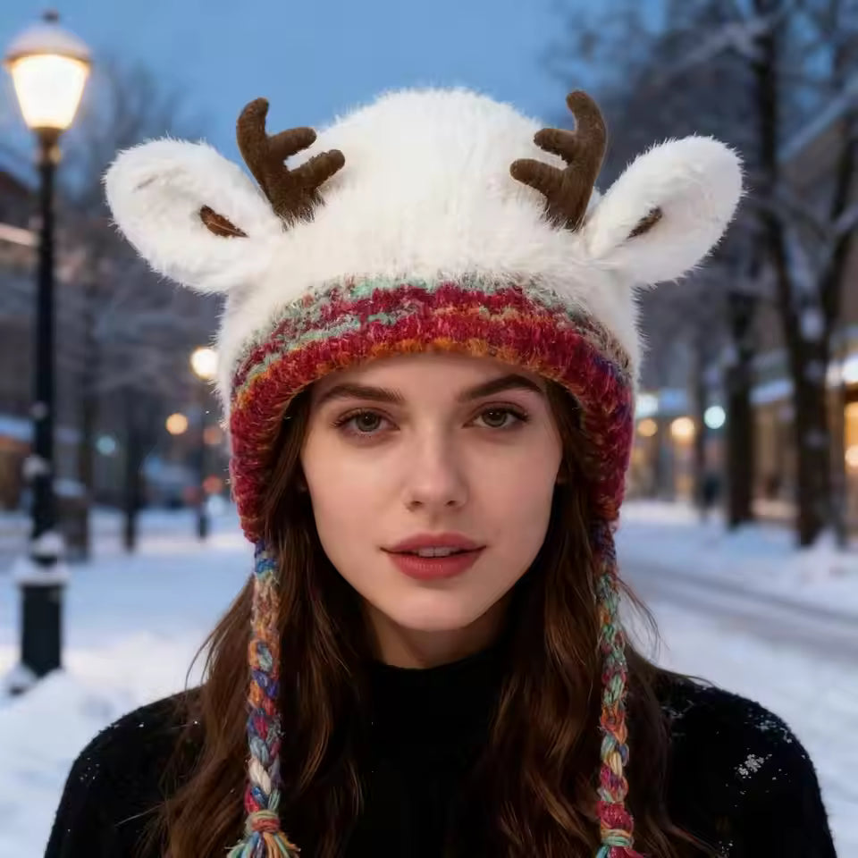 🎅🎄❄️Cute Christmas Reindeer Antlers Plush Hat for Women, Autumn and Winter Warmth, Can Be Used as a Bag, Ear Protection Knitted Wool Hat,  Adorable🎅🎄❄️