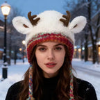 🎅🎄❄️Cute Christmas Reindeer Antlers Plush Hat for Women, Autumn and Winter Warmth, Can Be Used as a Bag, Ear Protection Knitted Wool Hat,  Adorable🎅🎄❄️
