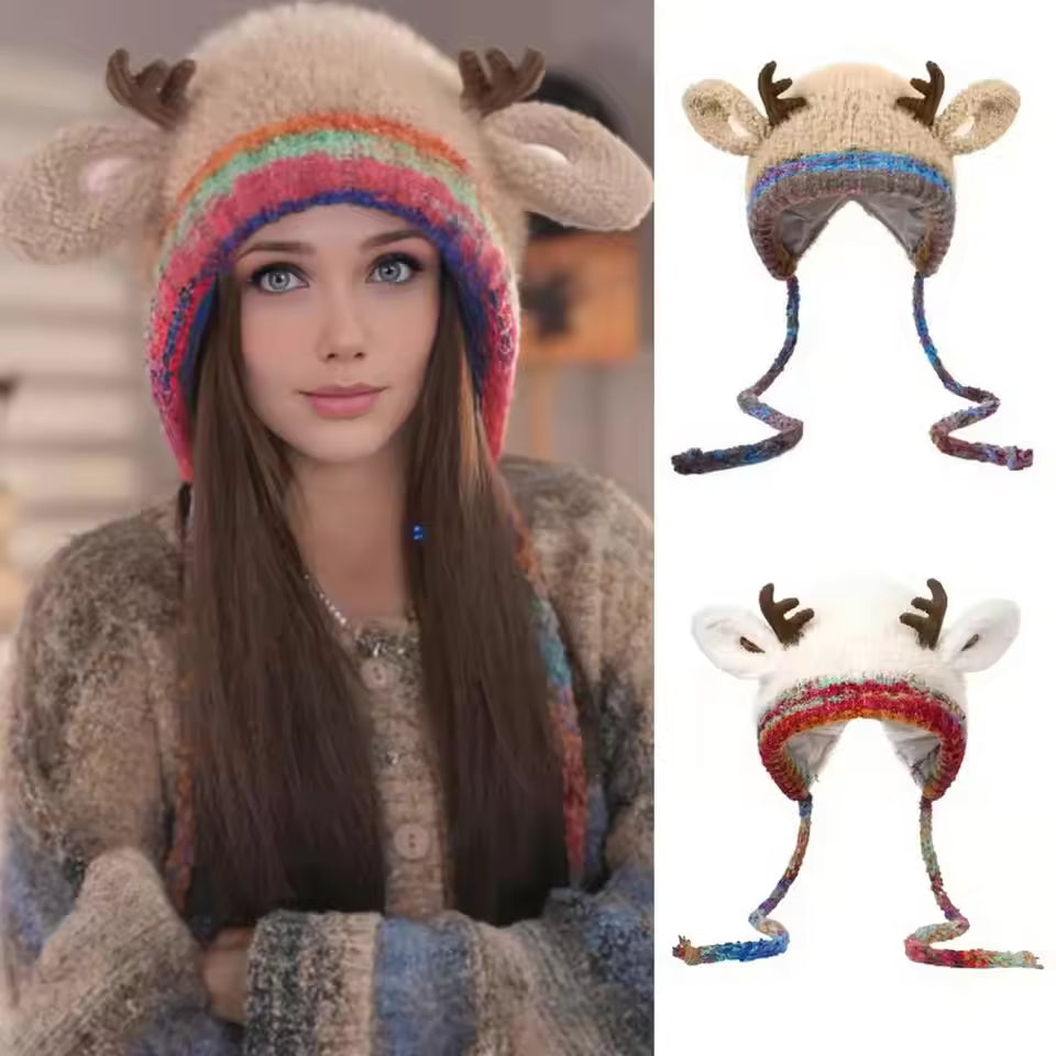 🎅🎄❄️Cute Christmas Reindeer Antlers Plush Hat for Women, Autumn and Winter Warmth, Can Be Used as a Bag, Ear Protection Knitted Wool Hat,  Adorable🎅🎄❄️