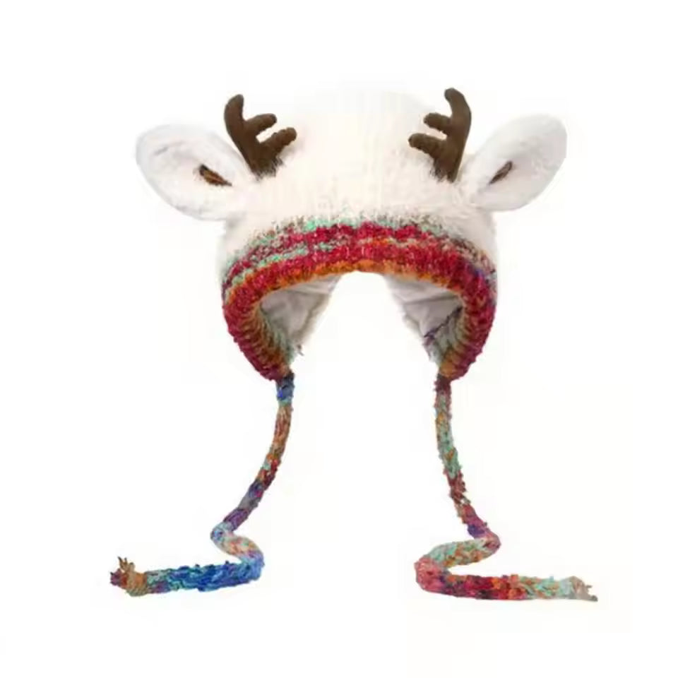 🎅🎄❄️Cute Christmas Reindeer Antlers Plush Hat for Women, Autumn and Winter Warmth, Can Be Used as a Bag, Ear Protection Knitted Wool Hat,  Adorable🎅🎄❄️