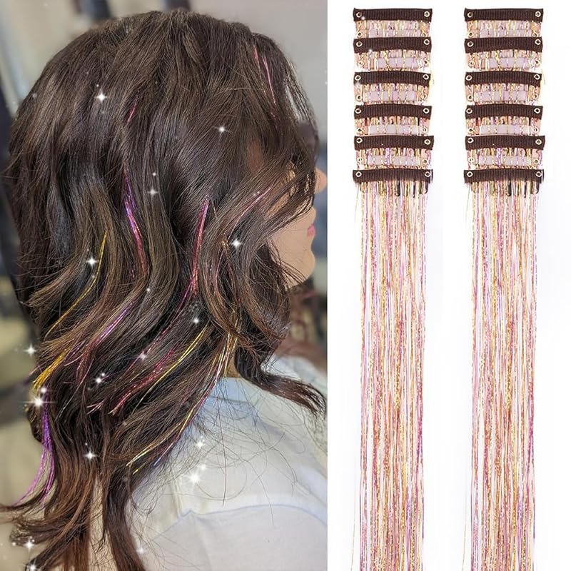 🌟 🌟Hair Tinsel Pack of 12 Pcs Colorful Glitter Hair Accessories 20 Inch Clip in Hair Tinsel Extensions Fairy Hair Accessories Party Kit for Women Girls Kids (12Pcs,Colorful#)