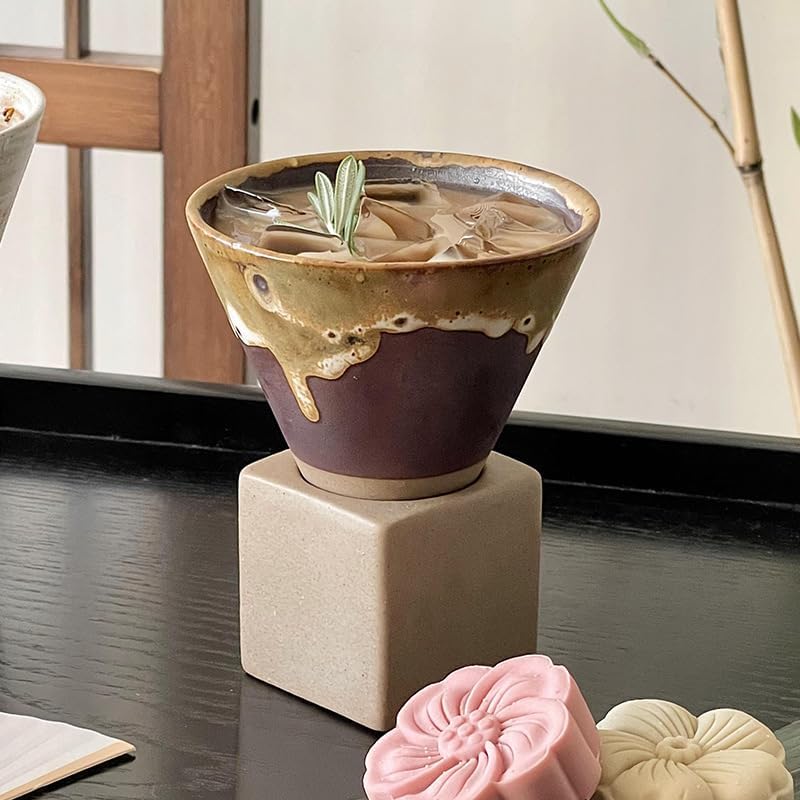 🌟 🌟Vintage Coffee Mugs, Handmade Ceramic Cups, Funnel-Shaped Coarse Pottery Mugs, Aged-Looking Cold Brew Cups, and Tea Cups (Beige+BROWN)