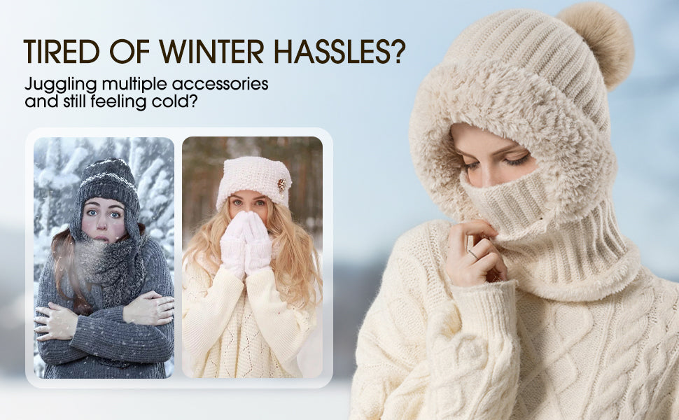 🌟🌟Three-in-One Cold-Proof Knitted Hat，New Women's Autumn and Winter Windproof Scarf Balaclava Hat（Khaki）