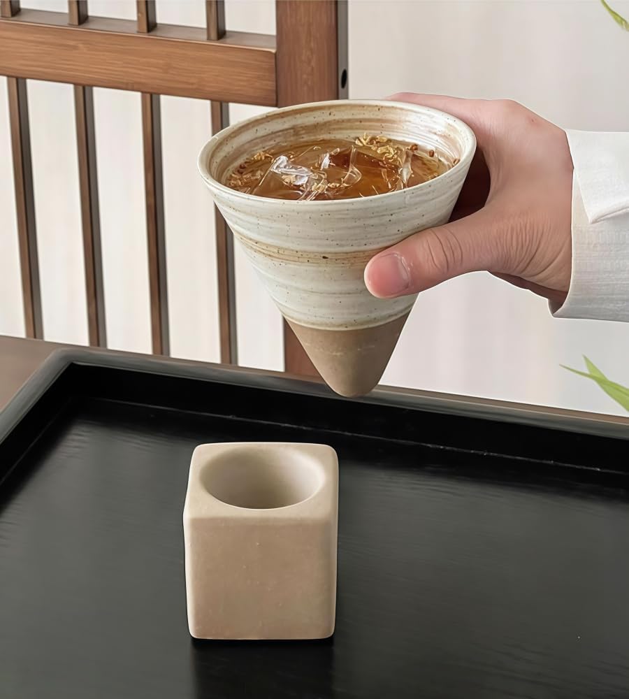 🌟 🌟Vintage Coffee Mugs, Handmade Ceramic Cups, Funnel-Shaped Coarse Pottery Mugs, Aged-Looking Cold Brew Cups, and Tea Cups (Beige+BROWN)