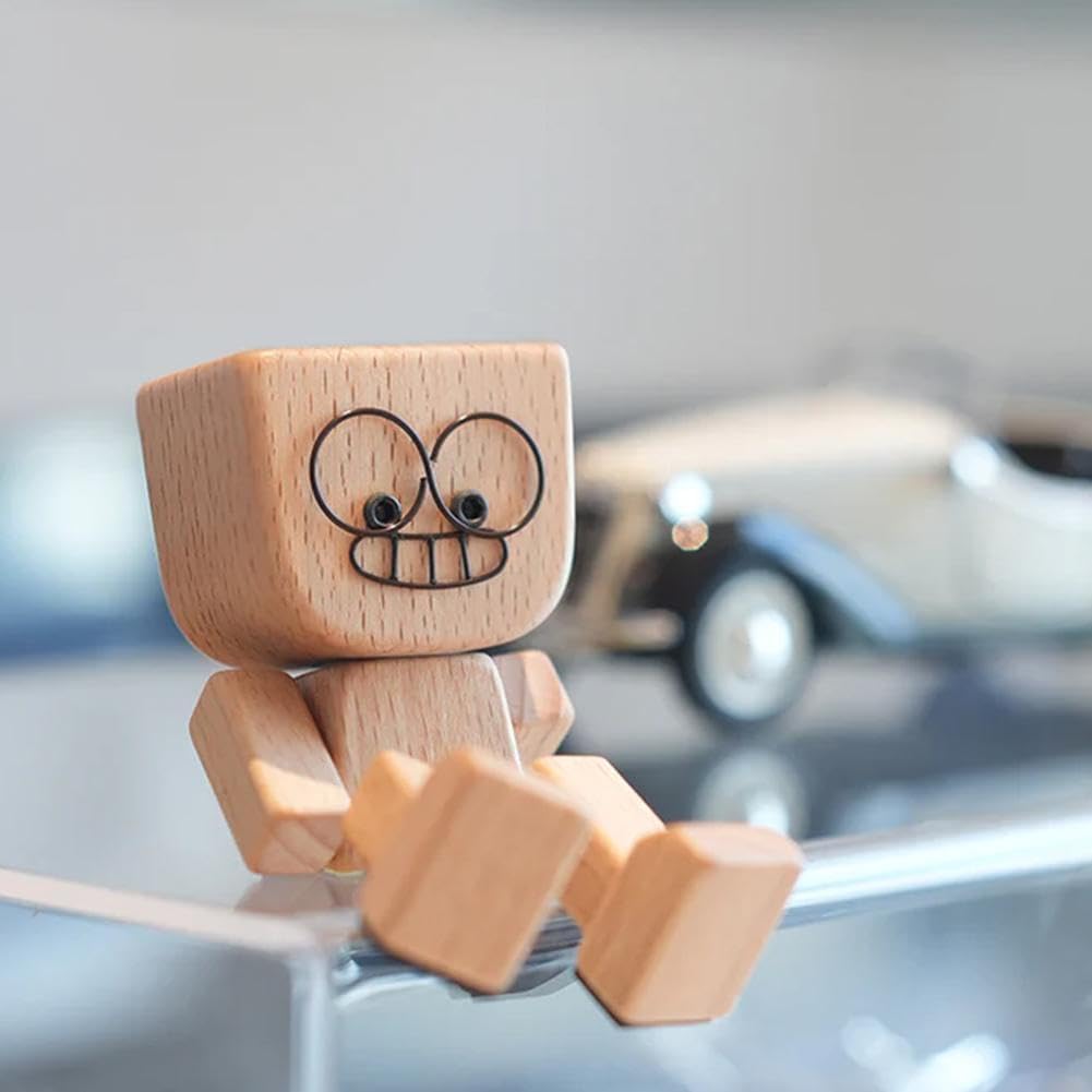 🌟🌟Shaking Wooden Man Figurine, Wooden Figure That Sways Handmade Car Dashboard Decorations, Charming Little Wood Figure That Sways with 12Pcs Magnetic Expressions Christmas Ornament Home/Office Gift