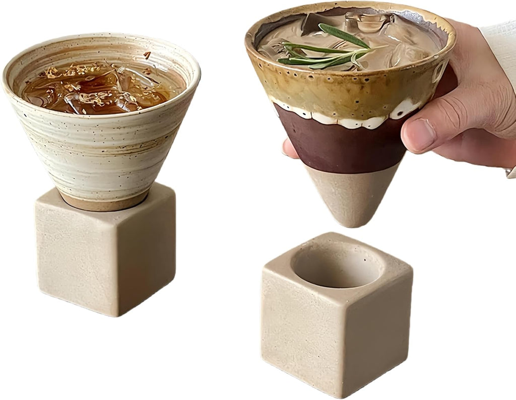 🌟 🌟Vintage Coffee Mugs, Handmade Ceramic Cups, Funnel-Shaped Coarse Pottery Mugs, Aged-Looking Cold Brew Cups, and Tea Cups (Beige+BROWN)