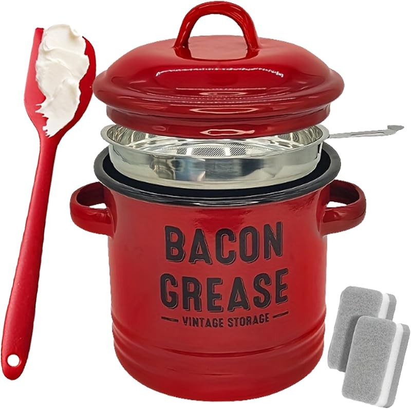 🌟🌟Bacon Grease Container, 46 Oz Enamel Bacon Grease Container with Strainer, and Food-Grade Silicone Spatula, for Filtering Out, Storing and Recycling (White)