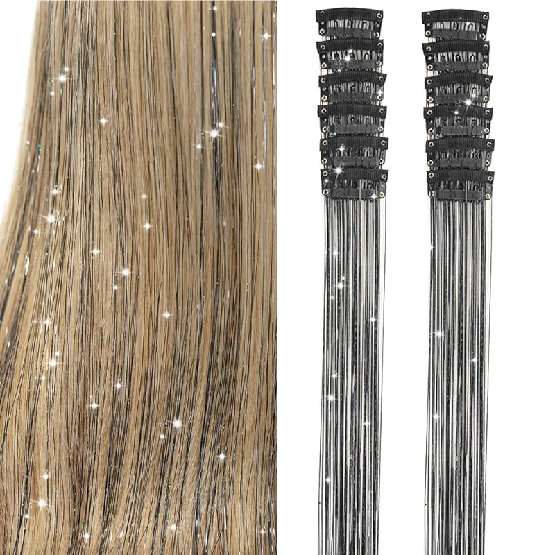🌟 🌟Hair Tinsel Pack of 12 Pcs Colorful Glitter Hair Accessories 20 Inch Clip in Hair Tinsel Extensions Fairy Hair Accessories Party Kit for Women Girls Kids (12Pcs,Colorful#)
