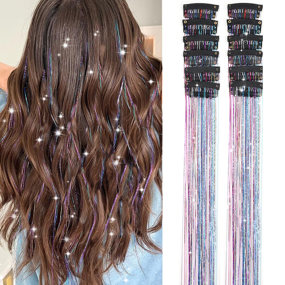 🌟 🌟Hair Tinsel Pack of 12 Pcs Colorful Glitter Hair Accessories 20 Inch Clip in Hair Tinsel Extensions Fairy Hair Accessories Party Kit for Women Girls Kids (12Pcs,Colorful#)