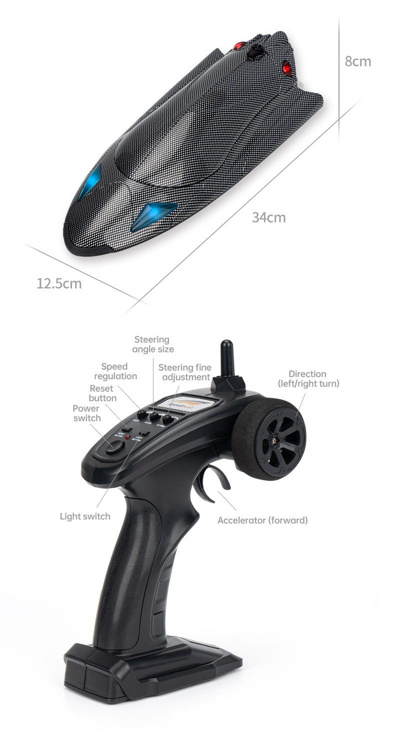 FY011Carbon Fiber Pattern Speedboat2.4G Full Scale Remote Control with Lights, Flip and Reset Electric High-Speed Water-Cooled Turbine Jet Boat
