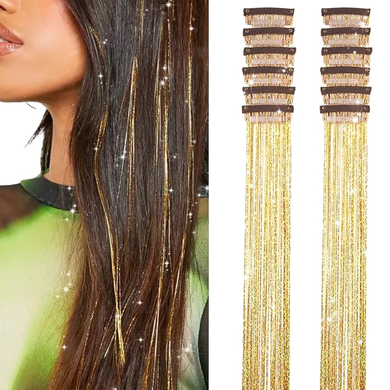 🌟 🌟Hair Tinsel Pack of 12 Pcs Colorful Glitter Hair Accessories 20 Inch Clip in Hair Tinsel Extensions Fairy Hair Accessories Party Kit for Women Girls Kids (12Pcs,Colorful#)