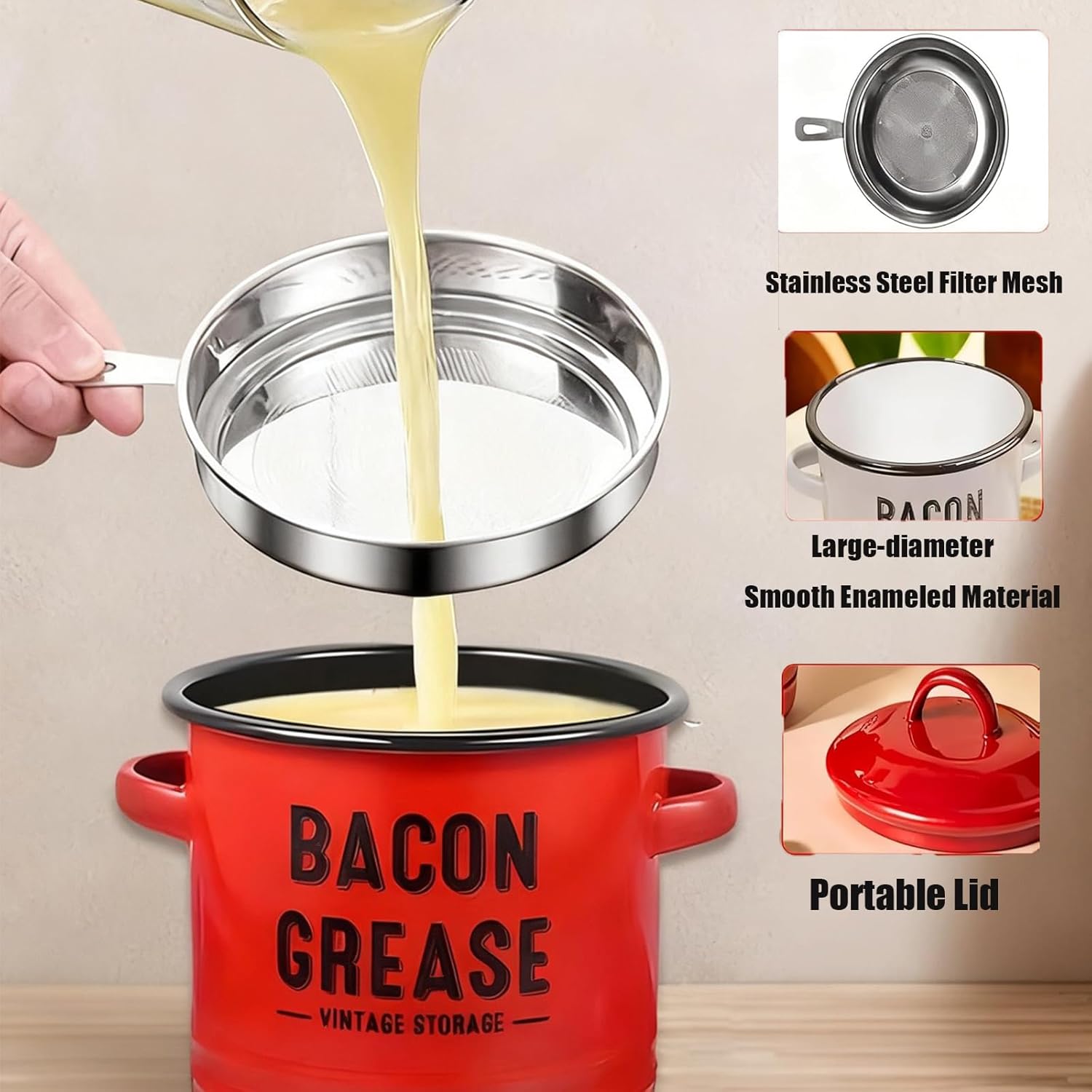 🌟🌟Bacon Grease Container, 46 Oz Enamel Bacon Grease Container with Strainer, and Food-Grade Silicone Spatula, for Filtering Out, Storing and Recycling (White)