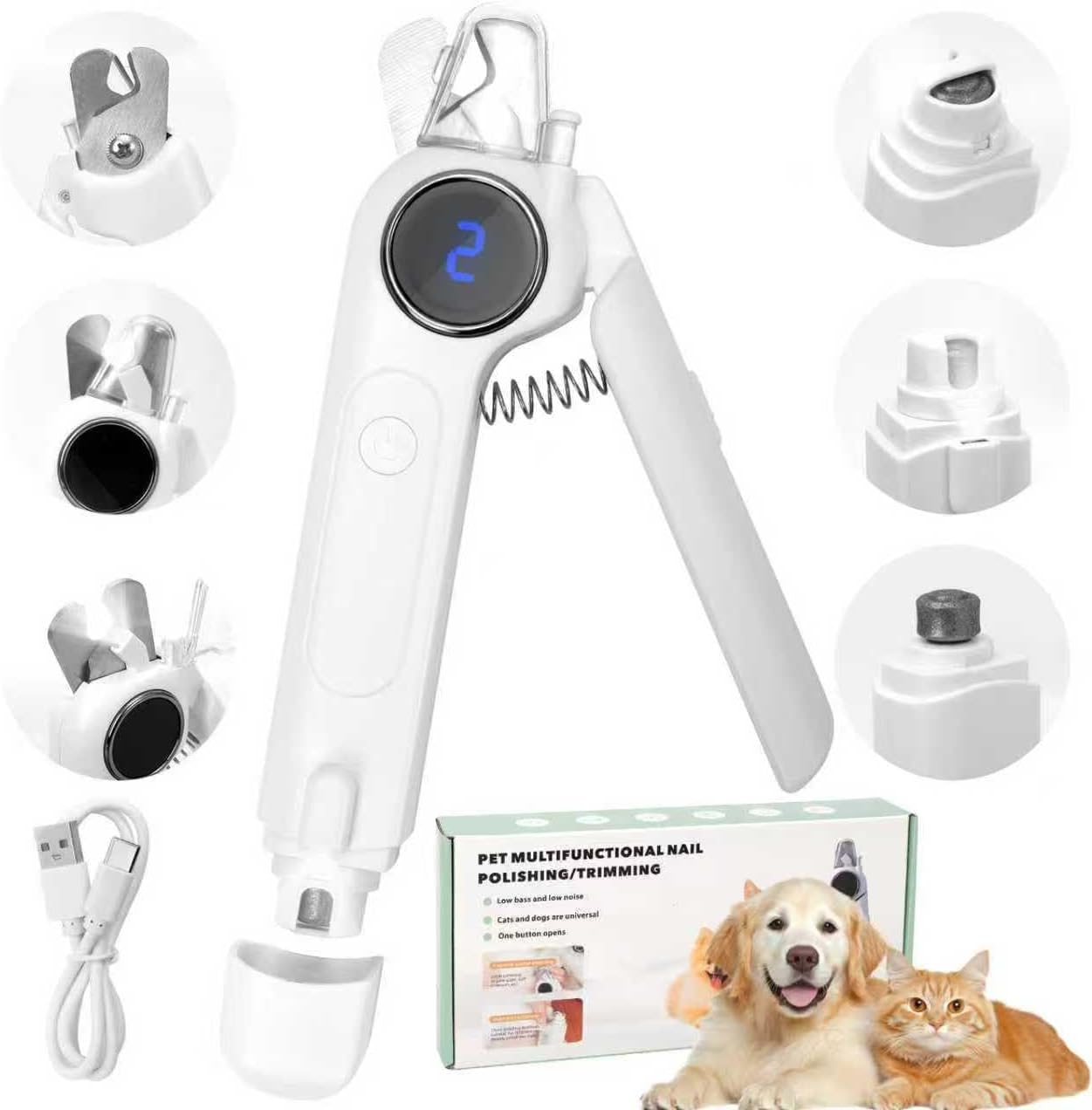🌟 🌟2-in-1 Cat Paw Nail Clipper and Dog Paw Grinder, Featuring Fast Sensing and Safety Protection, with a Lighted Cat Nail Trimmer Equipped with 2 LED Lights, Rechargeable via USB. (White)