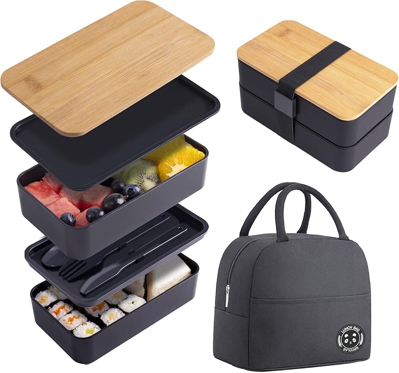 🌟 🌟Japanese Bamboo Bento Box with Compartments and Utensils Stackable Lunch Box