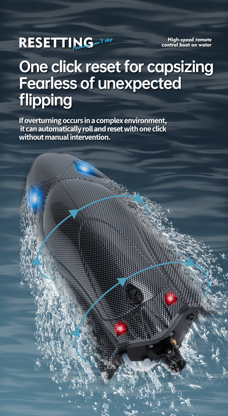 FY011Carbon Fiber Pattern Speedboat2.4G Full Scale Remote Control with Lights, Flip and Reset Electric High-Speed Water-Cooled Turbine Jet Boat
