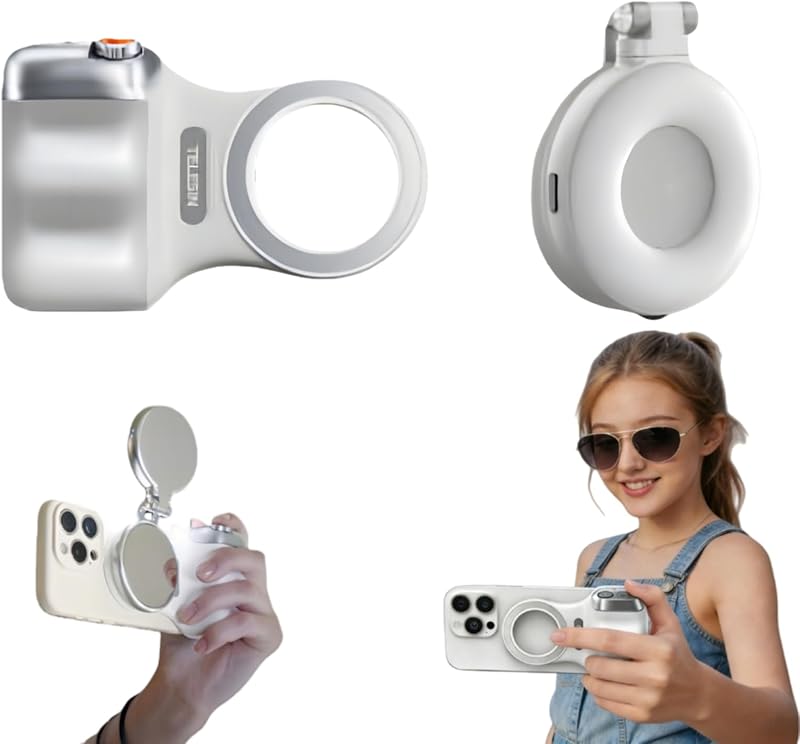 🌟 🌟Magnetic Phone Camera Grip, Ergonomic Phone Grip with Detachable Remote Shutter and Fill Light