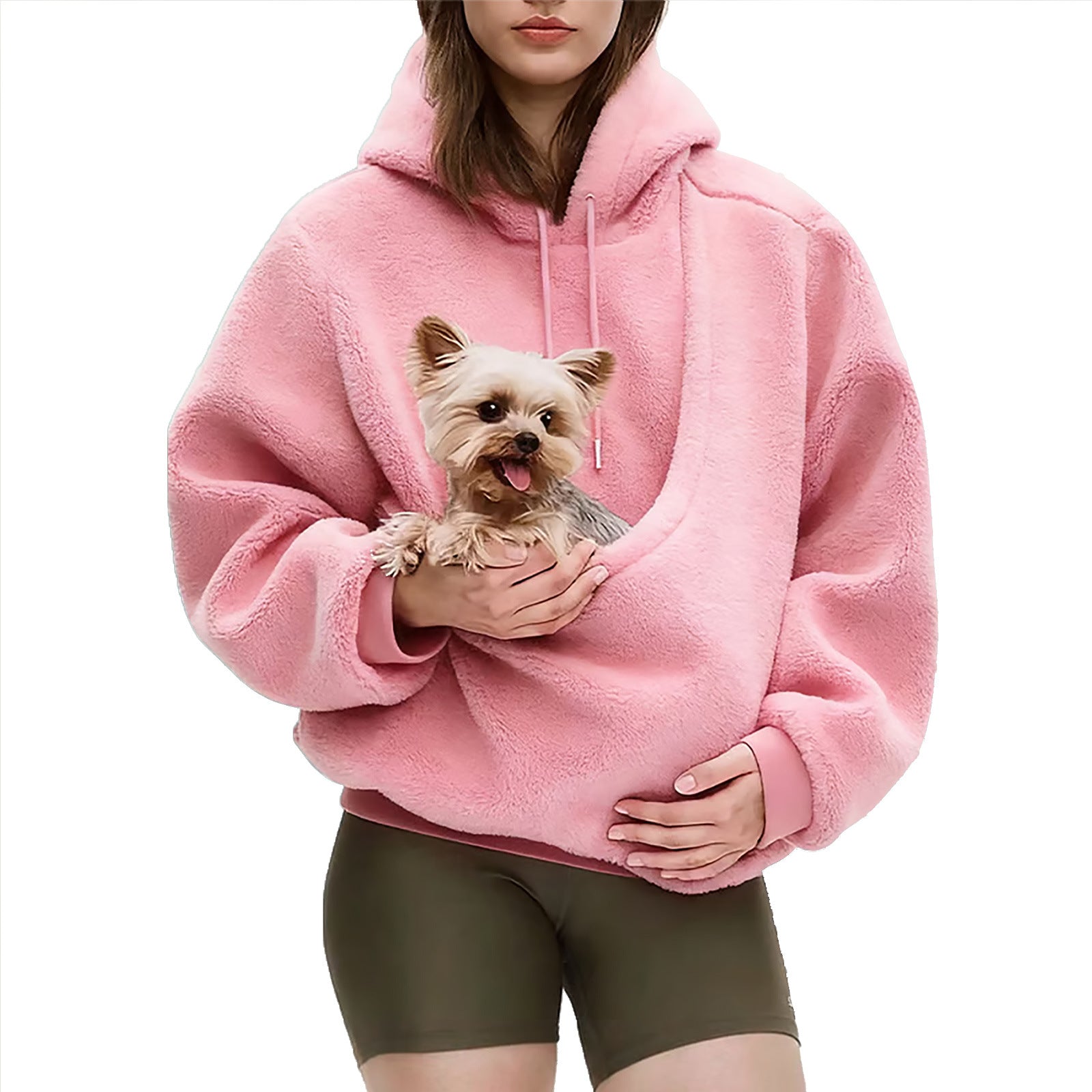 2025 new  Autumn Winter Solid Color Hooded Plush Pet Pocket Loose Pullover Sweatshirt for Women