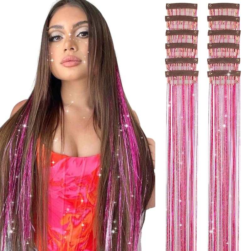 🌟 🌟Hair Tinsel Pack of 12 Pcs Colorful Glitter Hair Accessories 20 Inch Clip in Hair Tinsel Extensions Fairy Hair Accessories Party Kit for Women Girls Kids (12Pcs,Colorful#)