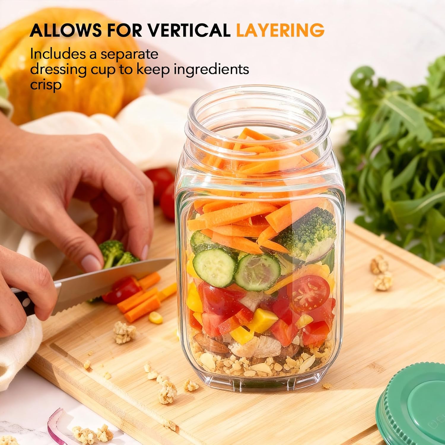 🌟 🌟The Original Salad Pod - Salad Pod Mason Jar Side Open with Leakproof Dressing Compartment,Microwave-safe, dishwasher-safe, and freezer-safe,Suitable for Home, Outdoor, Travel and Party