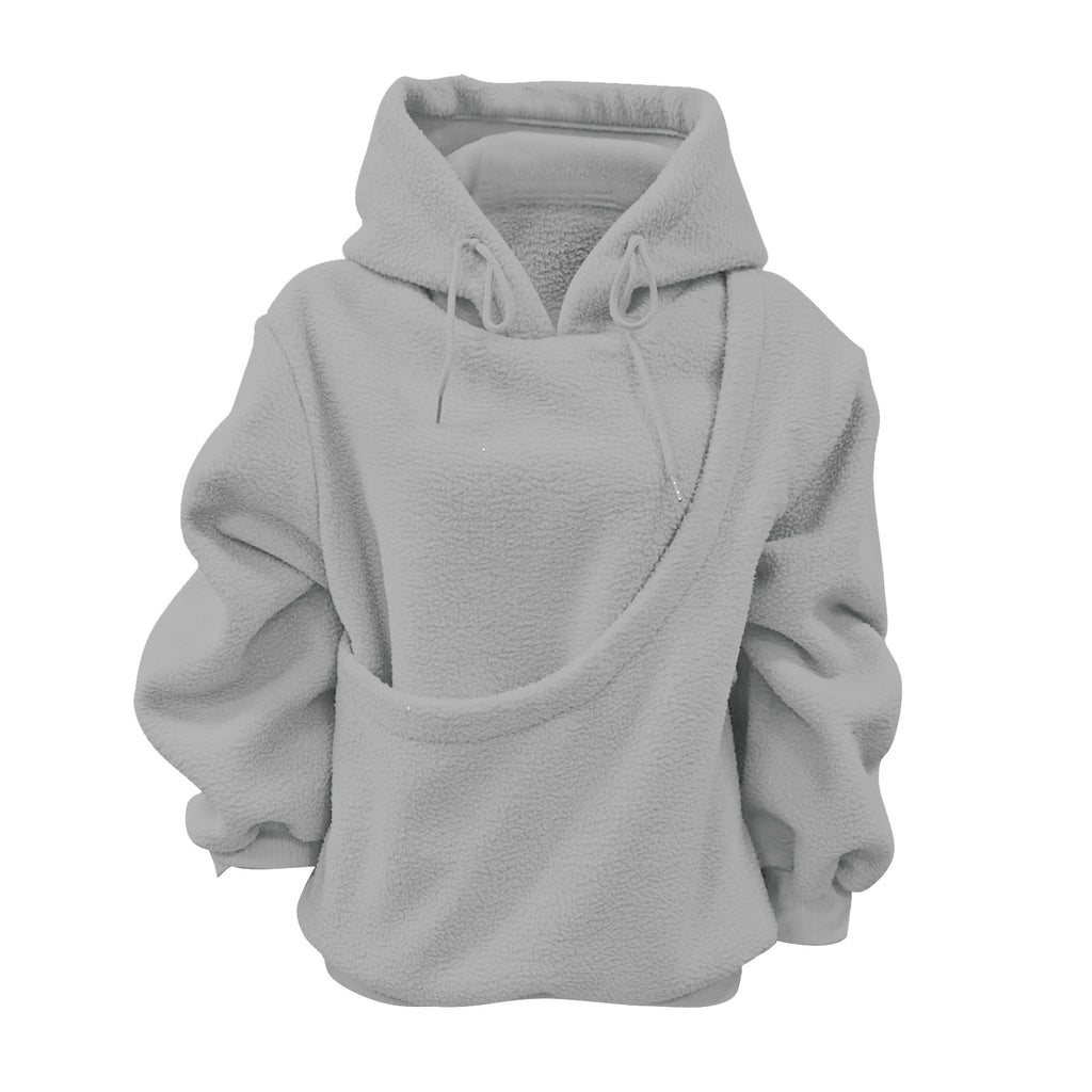 2025 new  Autumn Winter Solid Color Hooded Plush Pet Pocket Loose Pullover Sweatshirt for Women