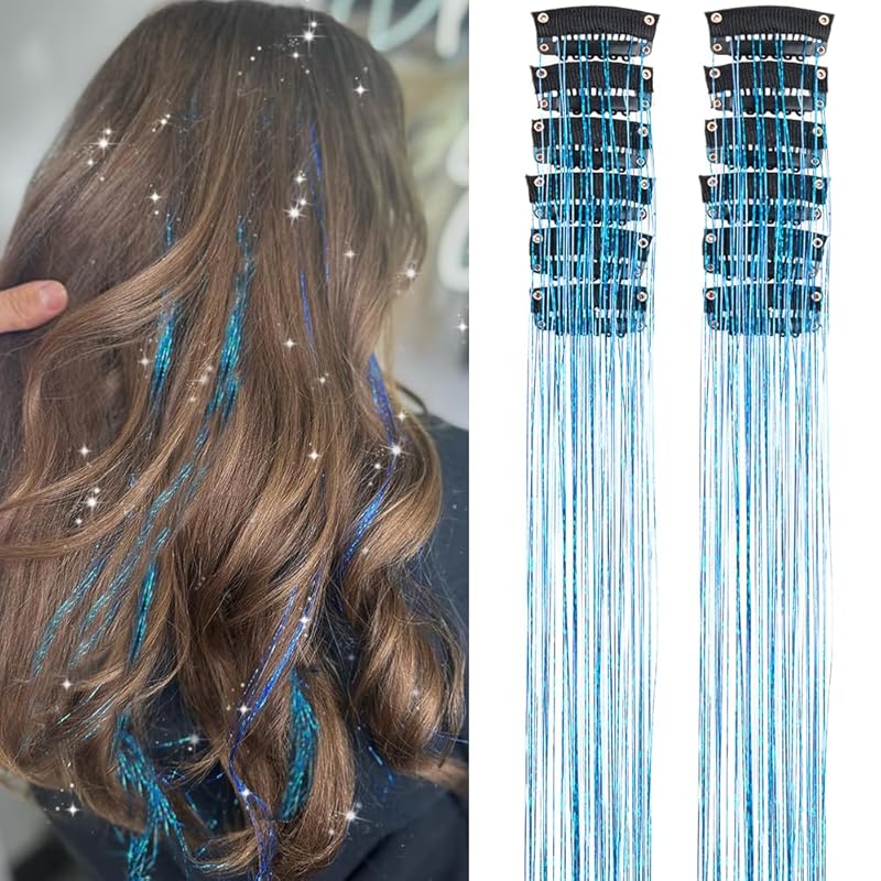 🌟 🌟Hair Tinsel Pack of 12 Pcs Colorful Glitter Hair Accessories 20 Inch Clip in Hair Tinsel Extensions Fairy Hair Accessories Party Kit for Women Girls Kids (12Pcs,Colorful#)